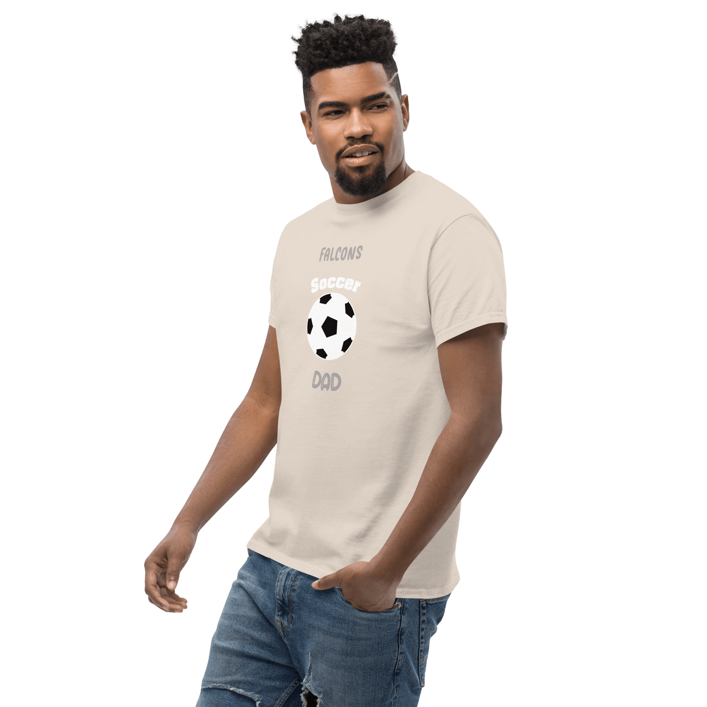 Custom soccer dad tee featuring 'Falcons Soccer Dad' and a soccer ball graphic, perfect for enthusiastic parents.