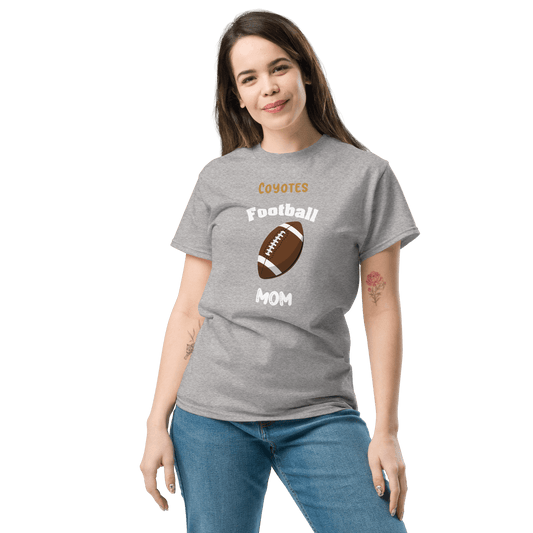 Personalized gray football mom tee with Coyote logo, perfect for proud supporters at games or everyday wear.