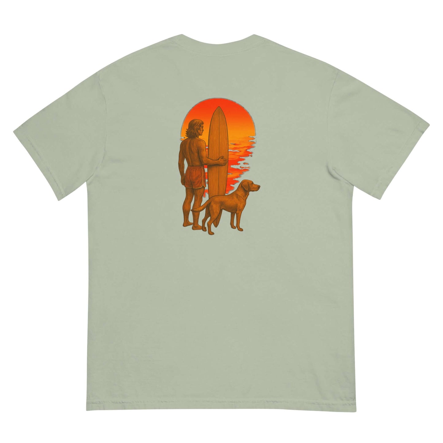 Heavyweight tee featuring a silhouette of a surfer and dog against a sunset backdrop.