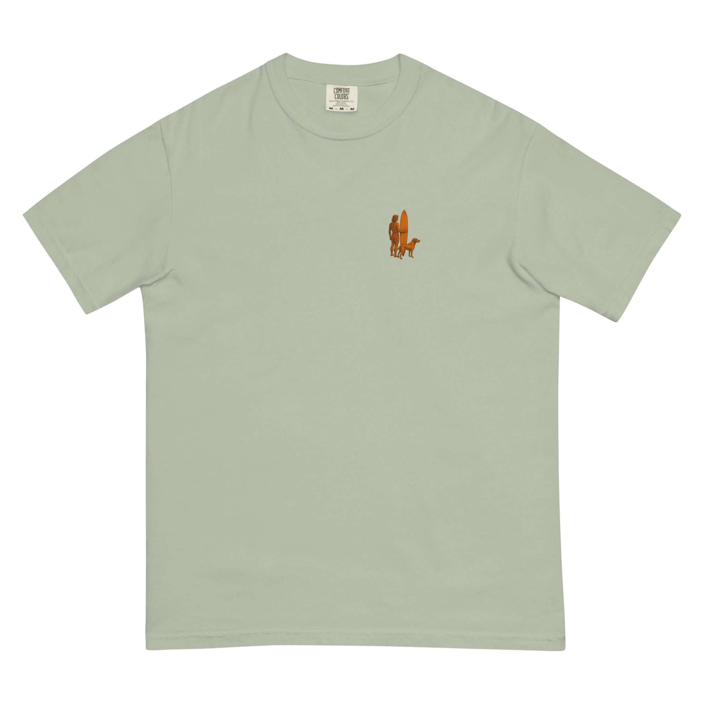 Surf Sunset Heavyweight Tee with minimalist surfer-and-dog silhouette on mint green fabric.