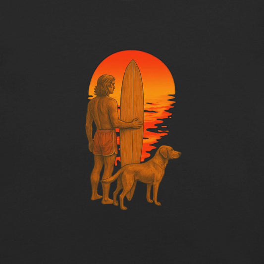 Surfer with surfboard and dog silhouette against a vibrant sunset design on a heavyweight tee.