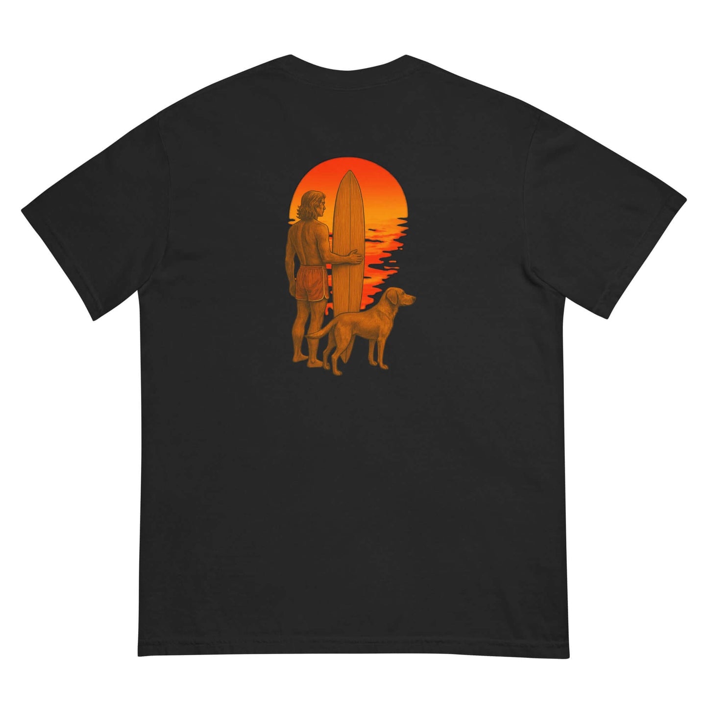 Heavyweight tee featuring a surfer and dog silhouette against a sunset beach background.