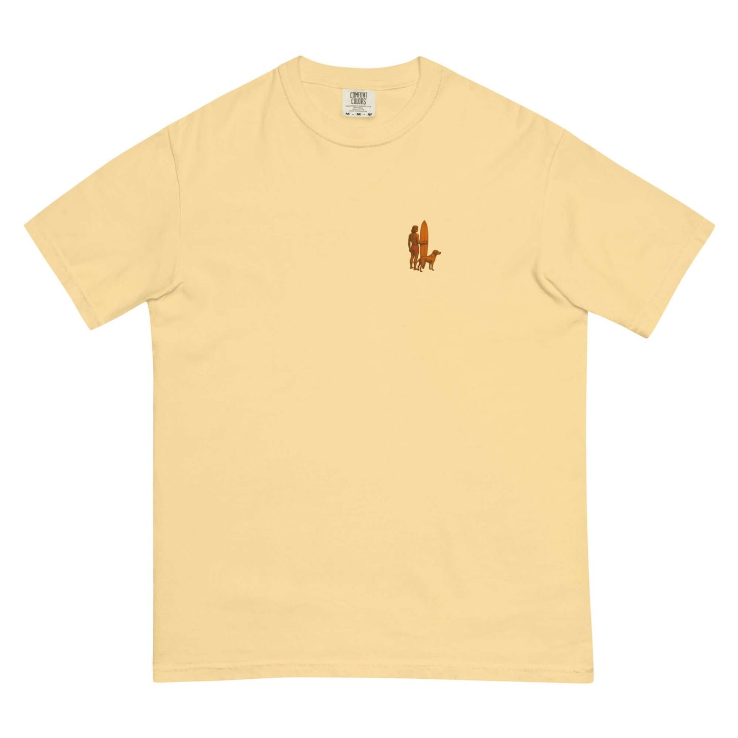 Surf Sunset Heavyweight Tee featuring minimalist surfer-and-dog silhouette in a soft yellow hue.