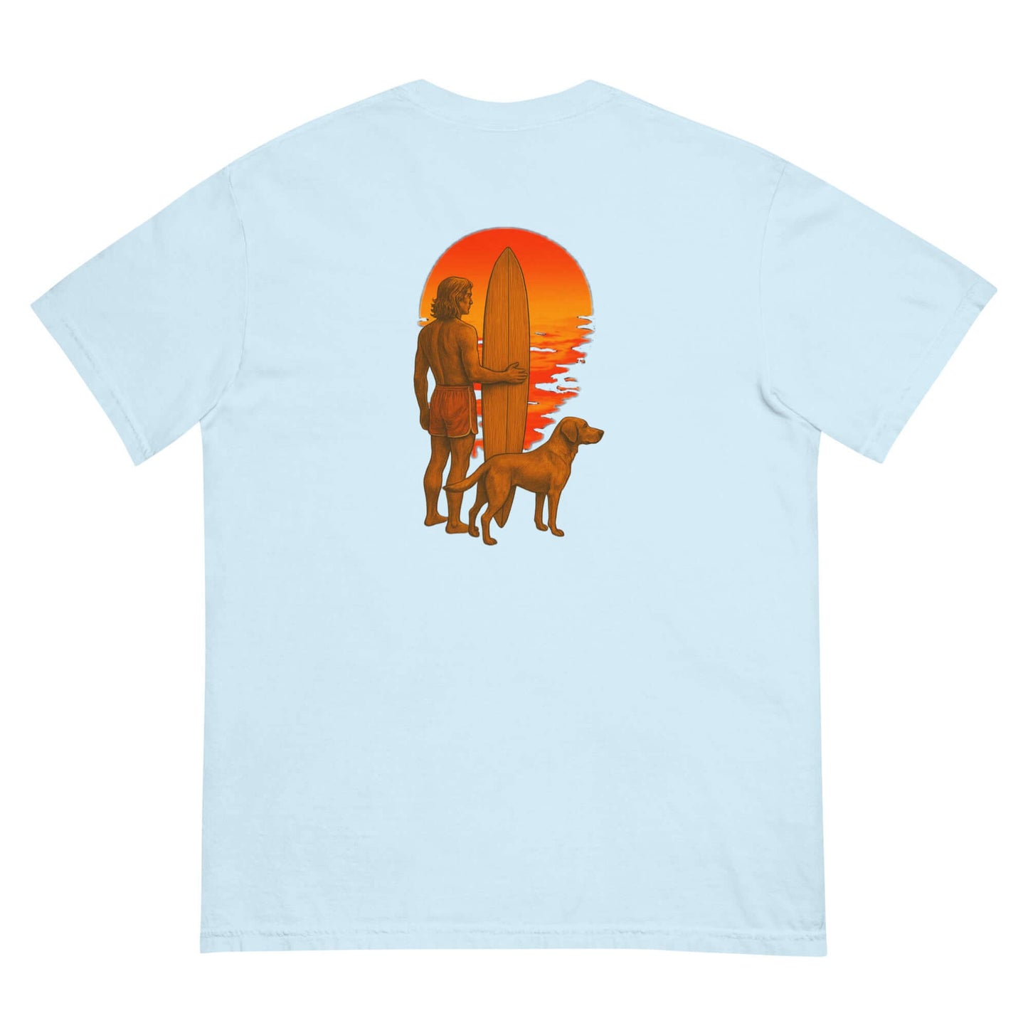 Surf Sunset Heavyweight Tee featuring a surfer and dog silhouette against a vibrant sunset backdrop.