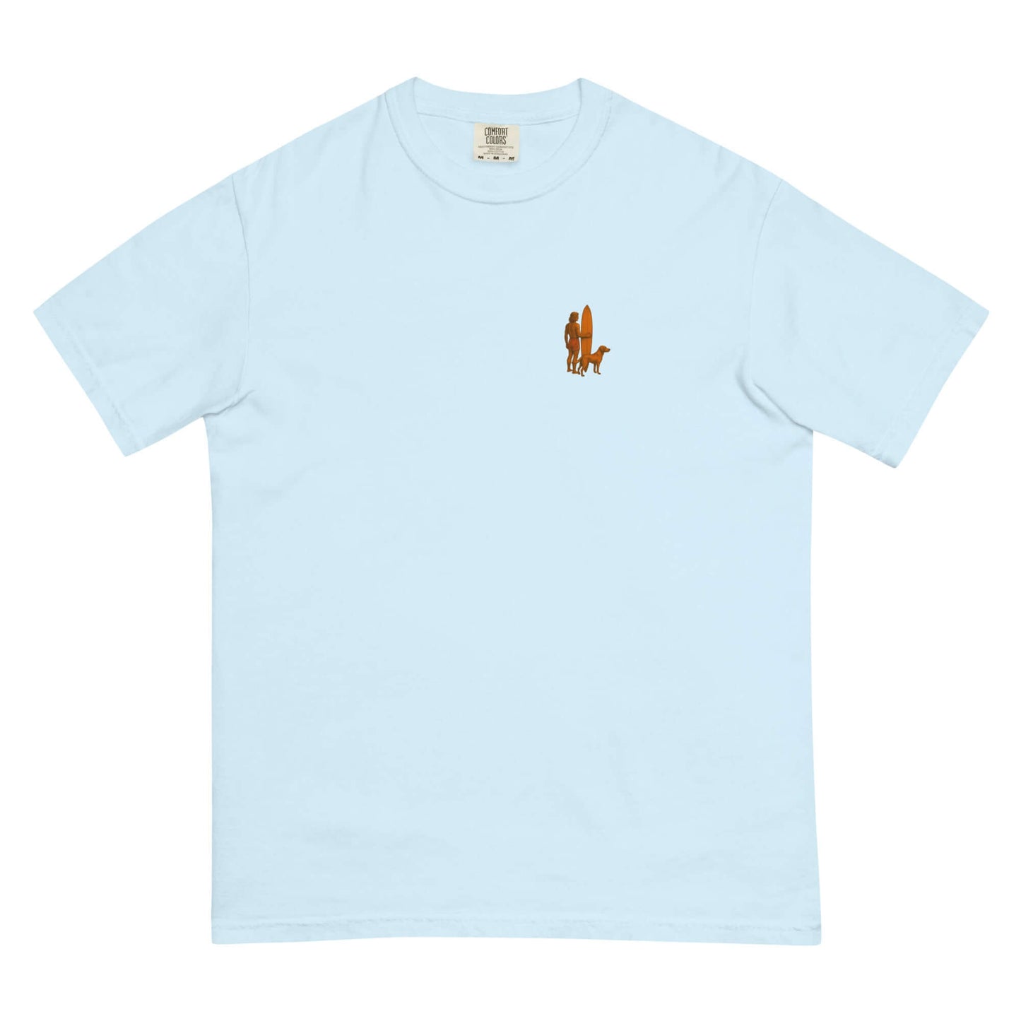 Light blue heavyweight tee featuring a minimalist surfer and dog silhouette on the front.