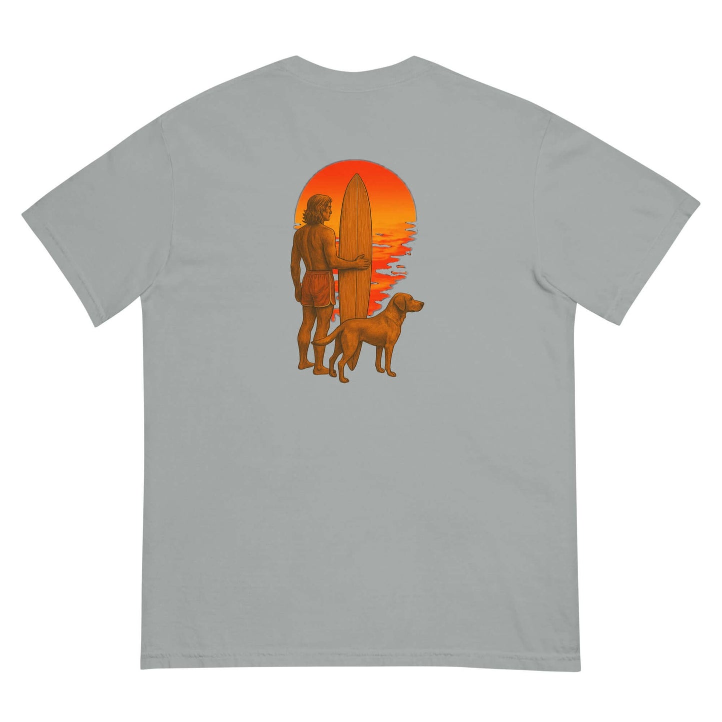 Back view of a surfer holding a surfboard with a dog, featuring a fiery sunset design on a gray t-shirt.