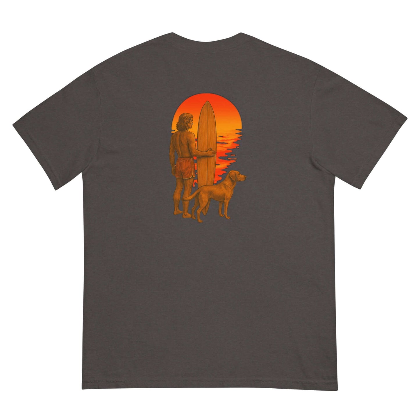 Surf Sunset Heavyweight Tee featuring a surfer and dog silhouette against a fiery sunset.