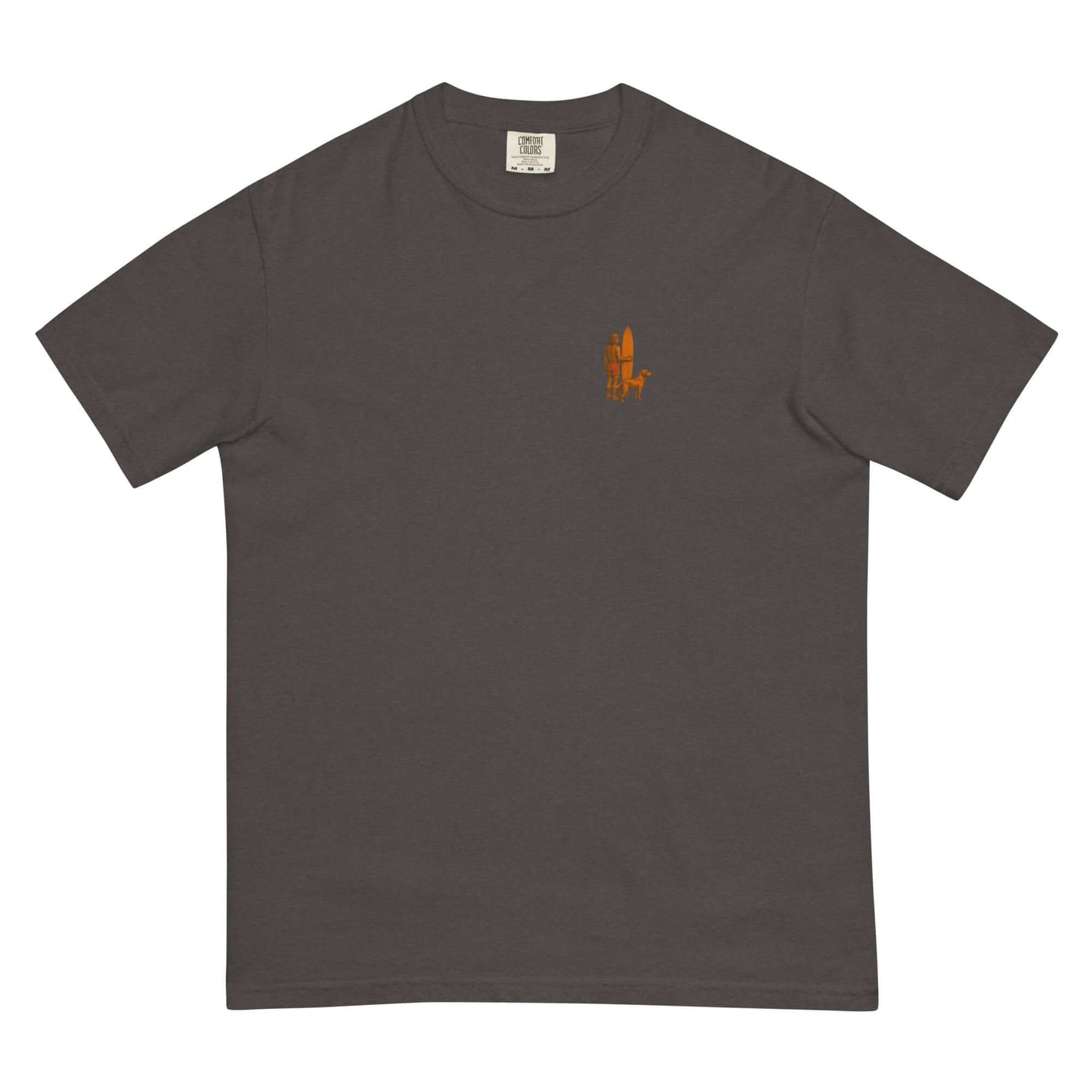 Surf Sunset Heavyweight Tee in gray with minimalist surfer-and-dog silhouette design on the front.