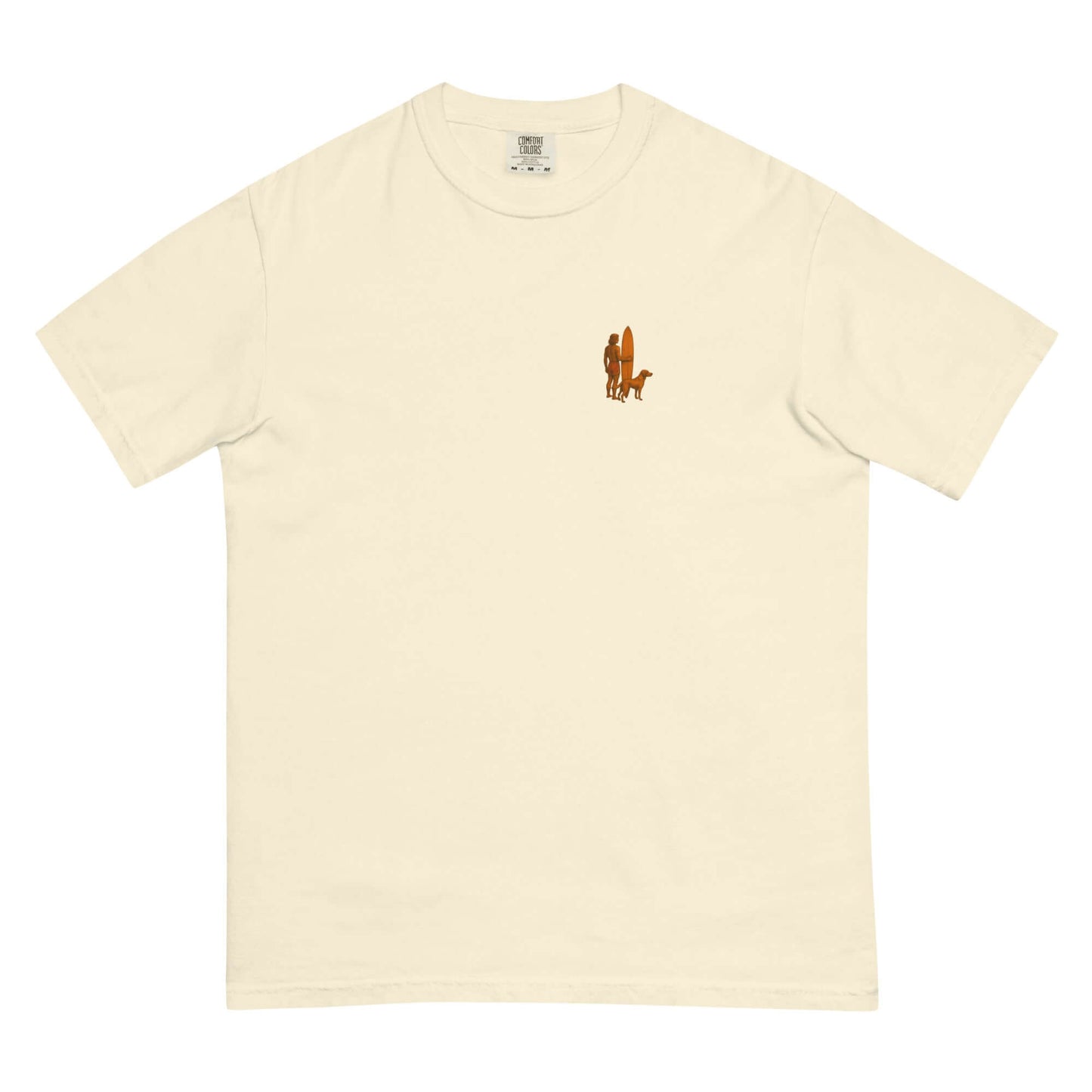 Surf Sunset Heavyweight Tee featuring minimalist surfer-and-dog silhouette in orange.