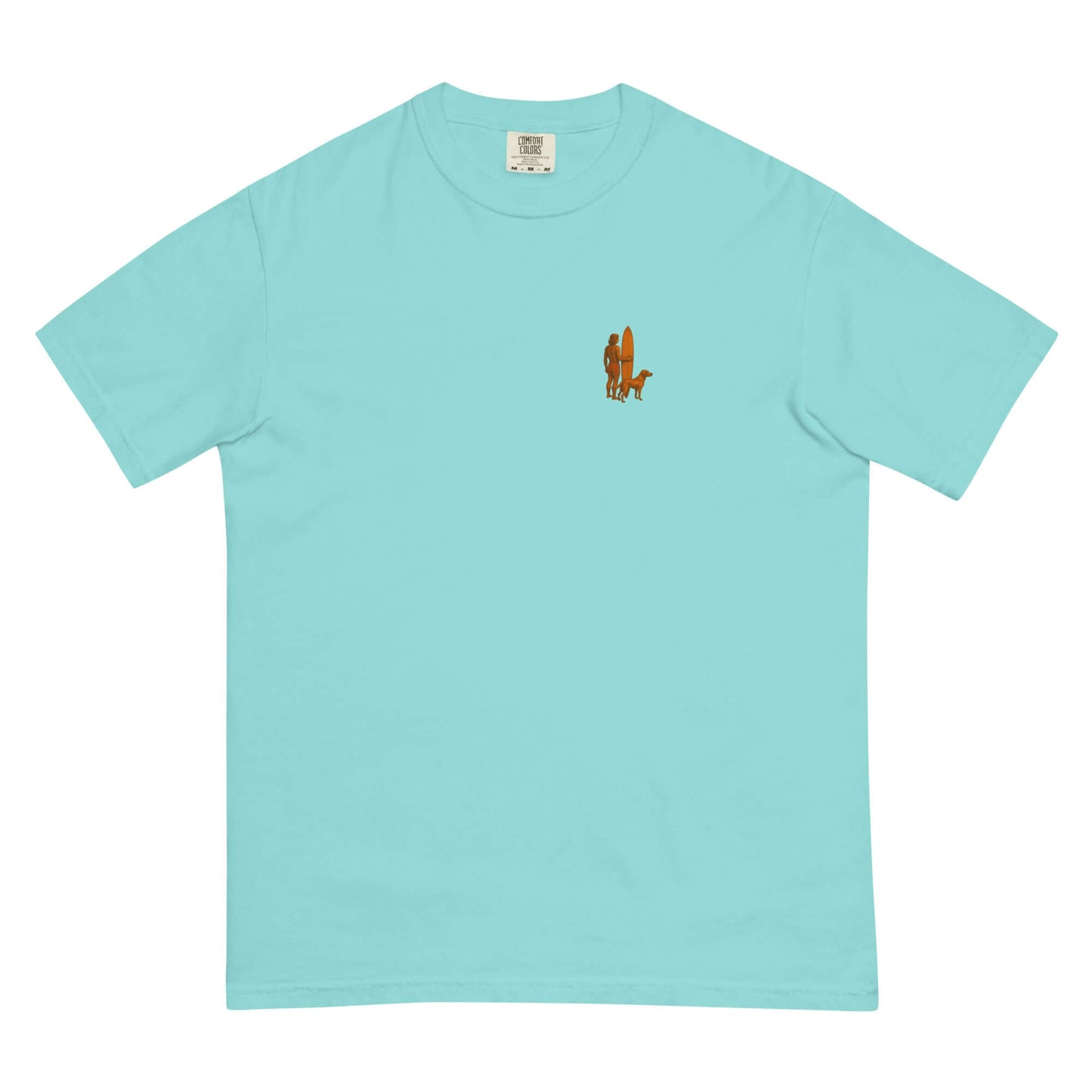 Surf Sunset Heavyweight Tee featuring a minimalist surfer and dog silhouette on a turquoise background.
