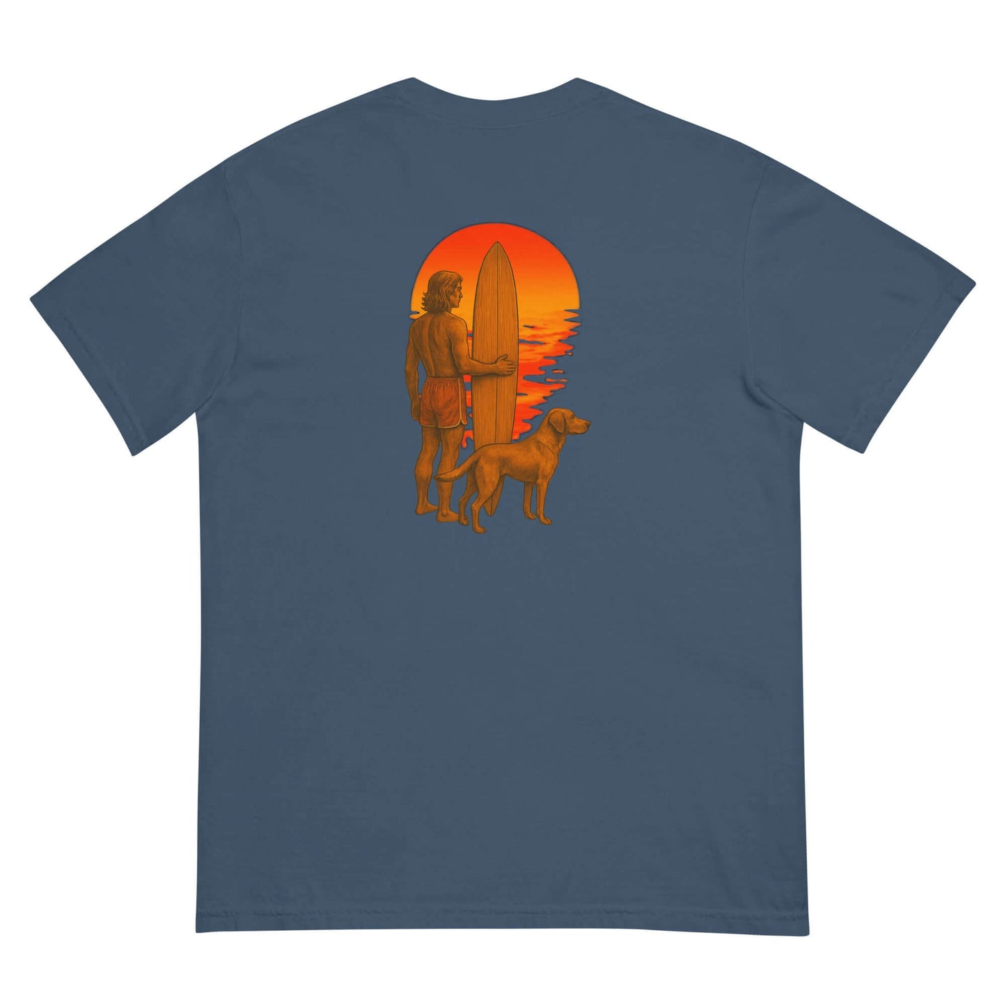 Heavyweight tee featuring a silhouette of a surfer with a dog against a vibrant sunset backdrop.