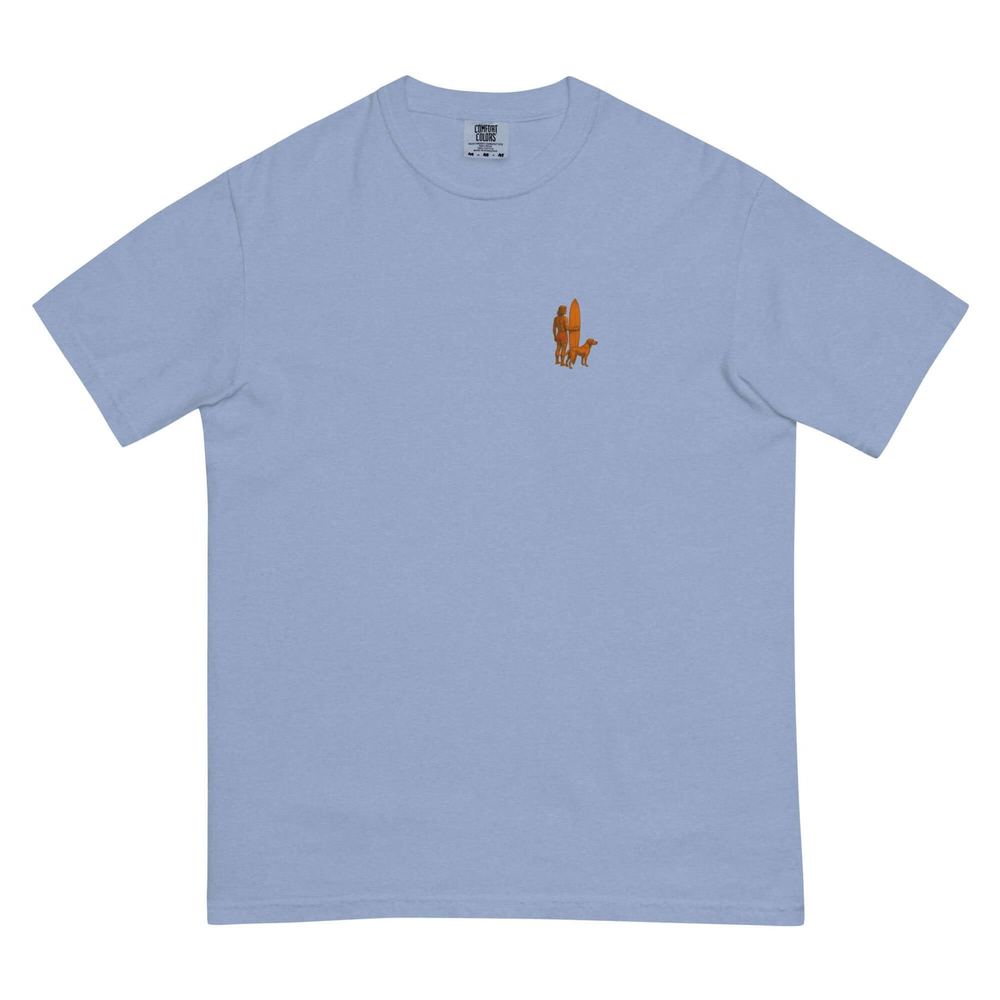 Surf Sunset Heavyweight Tee featuring a minimalist surfer and dog silhouette on a light blue background.