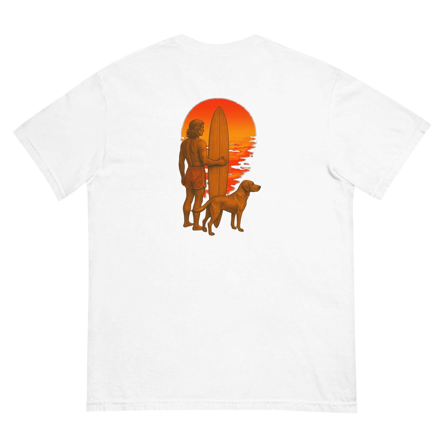 Back of a Surf Sunset Heavyweight Tee featuring a surfer and dog silhouette against a vibrant sunset.
