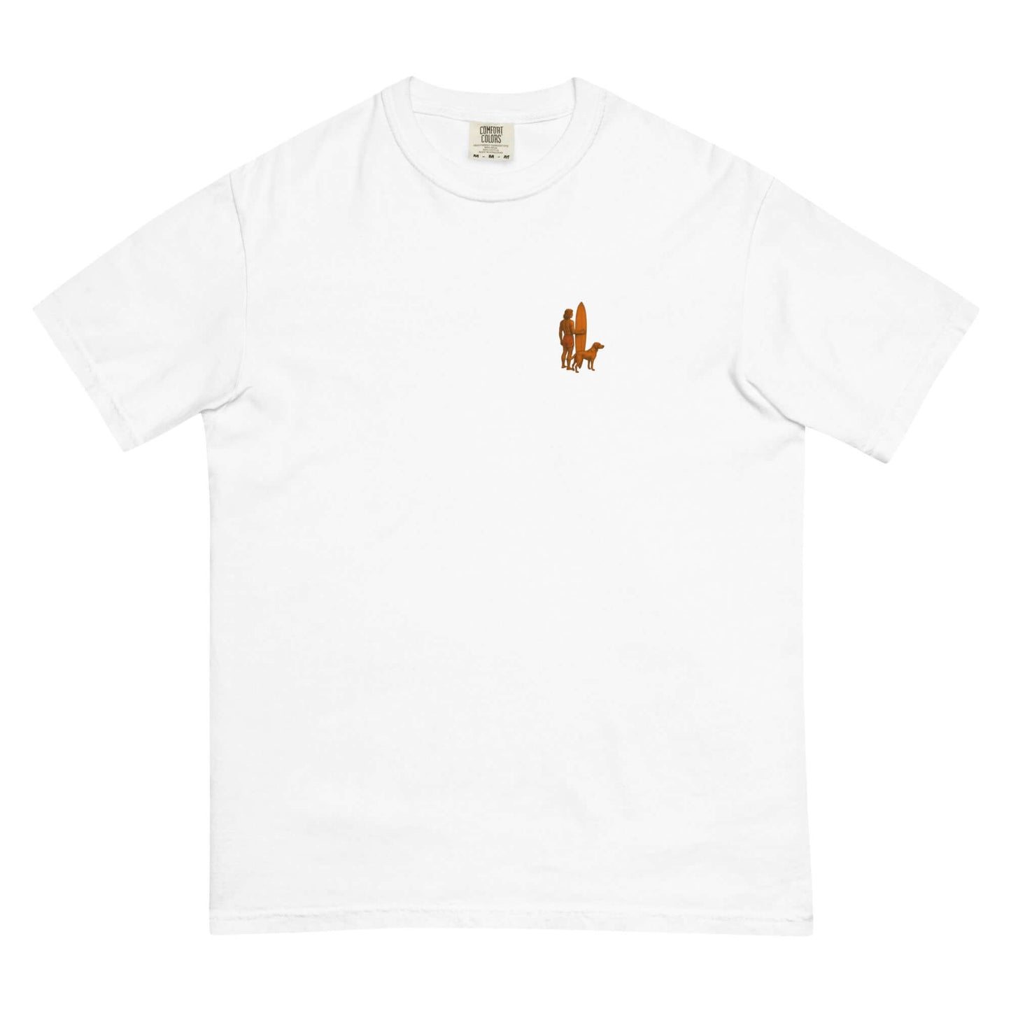 Surf Sunset Heavyweight Tee featuring minimalist surfer-and-dog silhouette on white fabric.