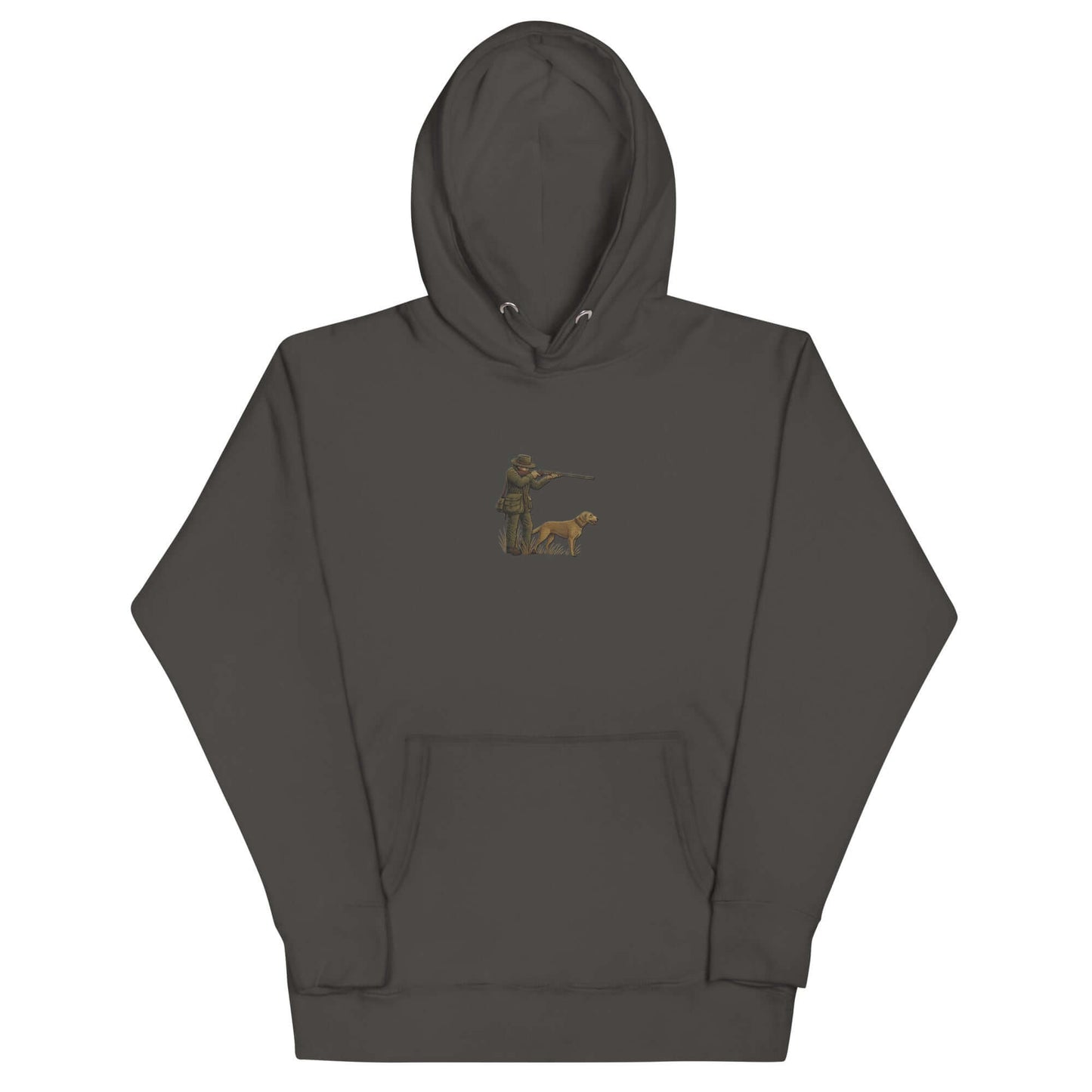 Hunter & Outdoors Enthusiast Hoodie featuring a design of a hunter with a dog, ideal for outdoor adventures.