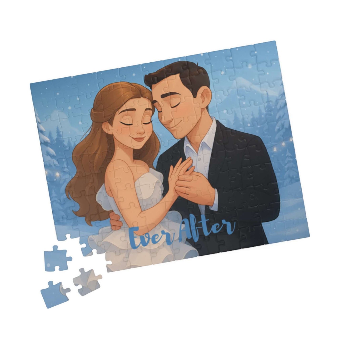 Winter Cartoon Puzzle – Personalized Disney-Style Keepsake featuring a romantic couple in a snowy setting.