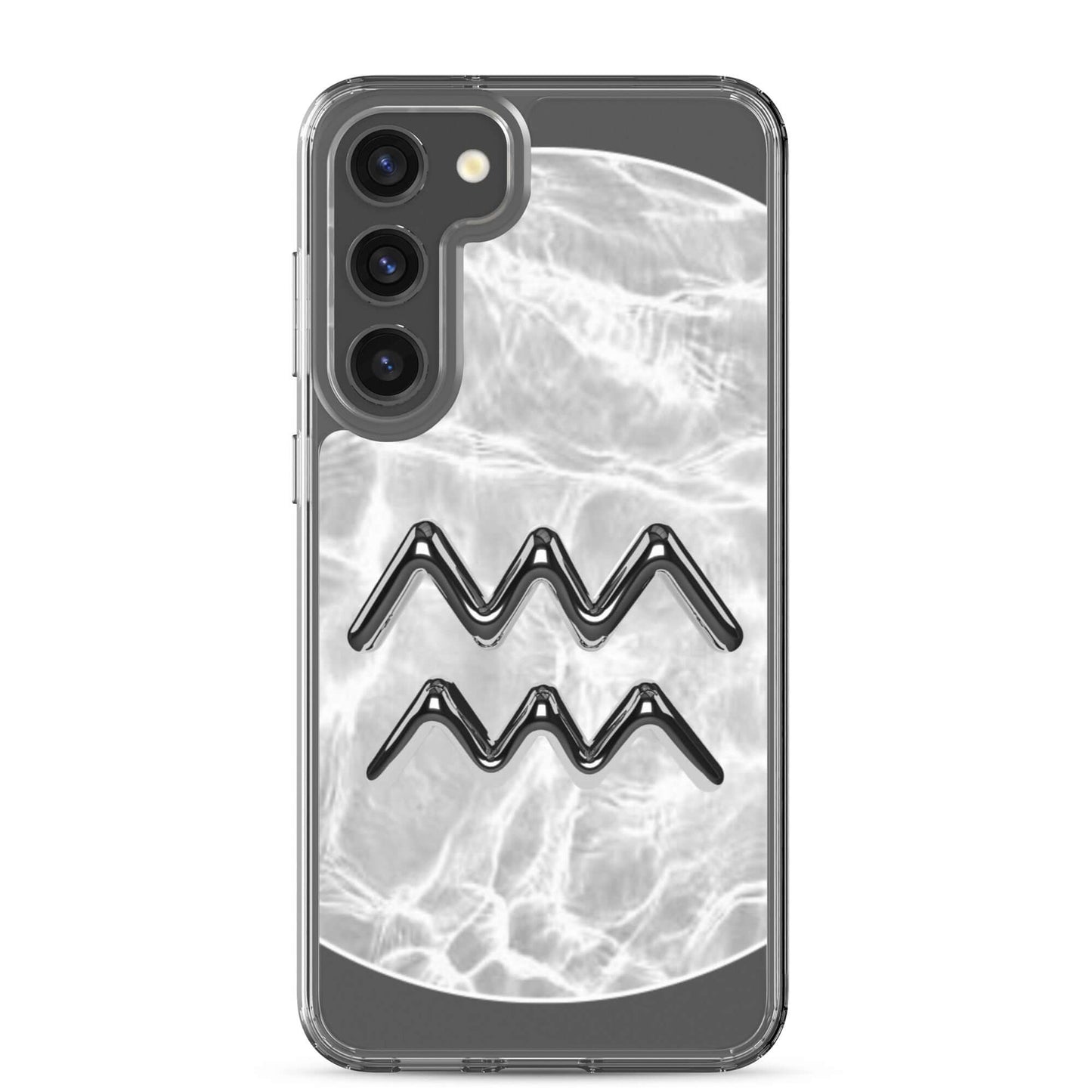 Zodiac Aquarius Samsung phone case featuring a Ripple Marble design with stylish black water bearer symbol.