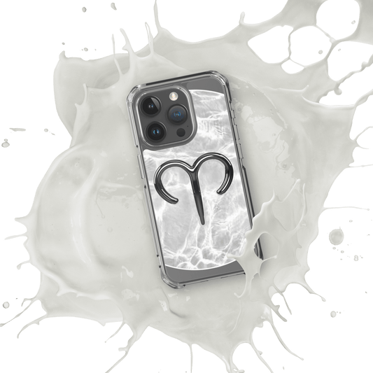 Zodiac Aries MagSafe clear iPhone case with marble design showcasing the Aries symbol, splashed in white liquid.