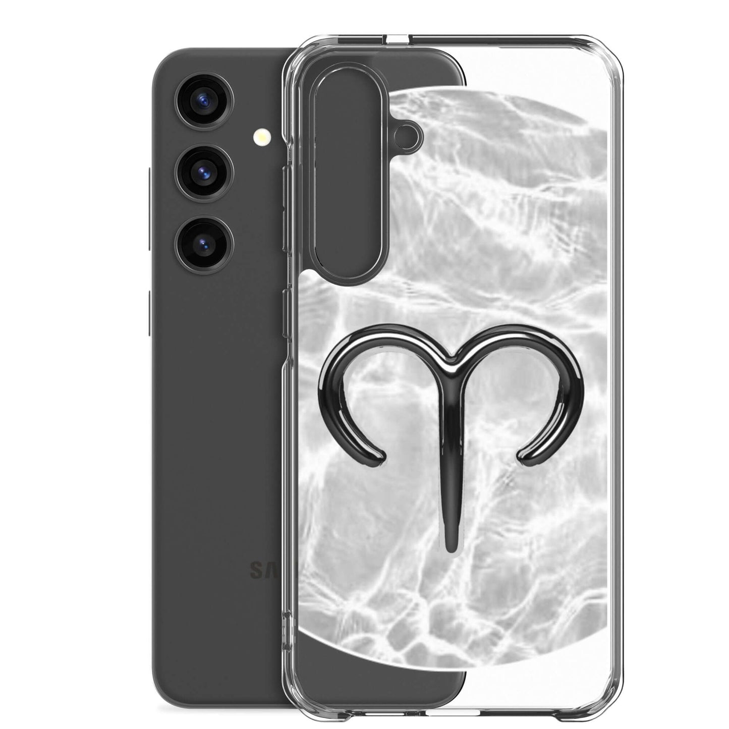 Zodiac Aries Samsung Phone Case with ripple marble design, showcasing Aries ram symbol on a sleek, flexible case.