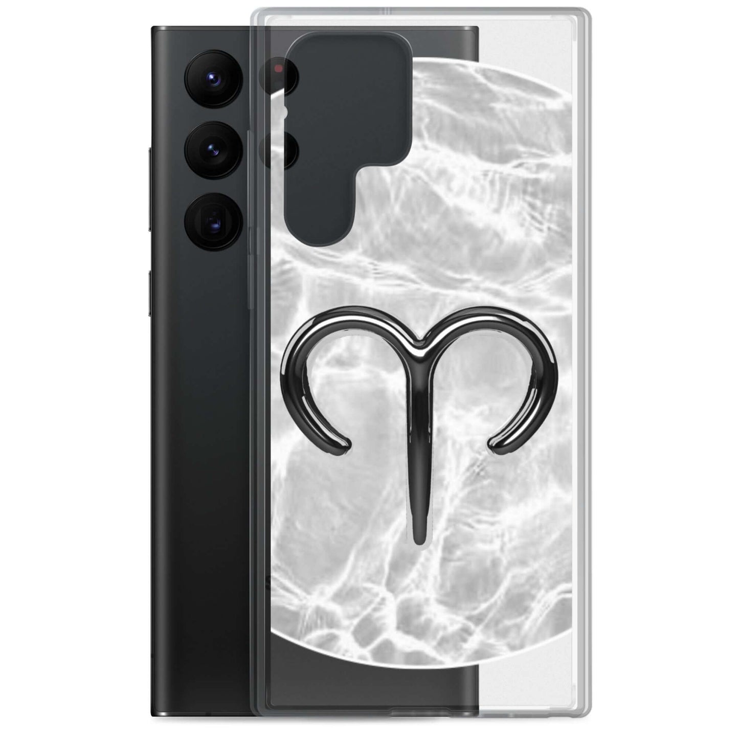 Zodiac Aries Samsung Phone Case showcasing bold ram design and ripple marble finish for stylish protection.