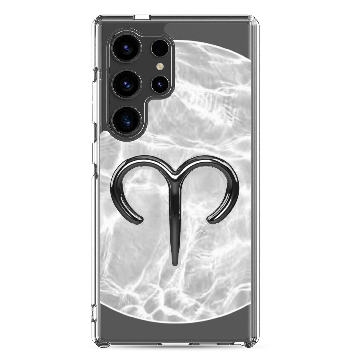 Zodiac Aries Samsung Phone Case with bold ram design and ripple marble finish, perfect for stylish protection.