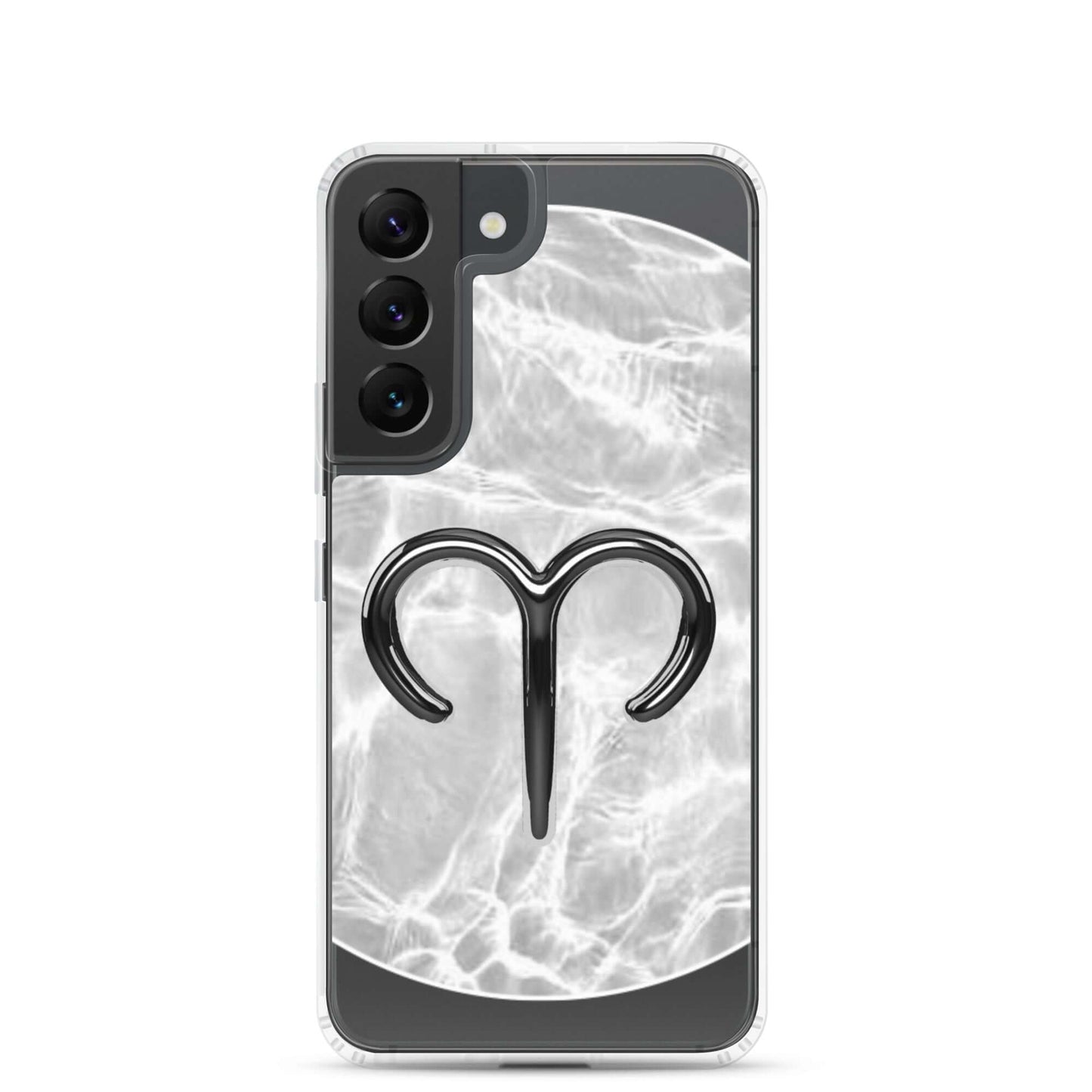 Samsung phone case featuring a bold Aries ram symbol on a ripple marble finish in silver and gray.