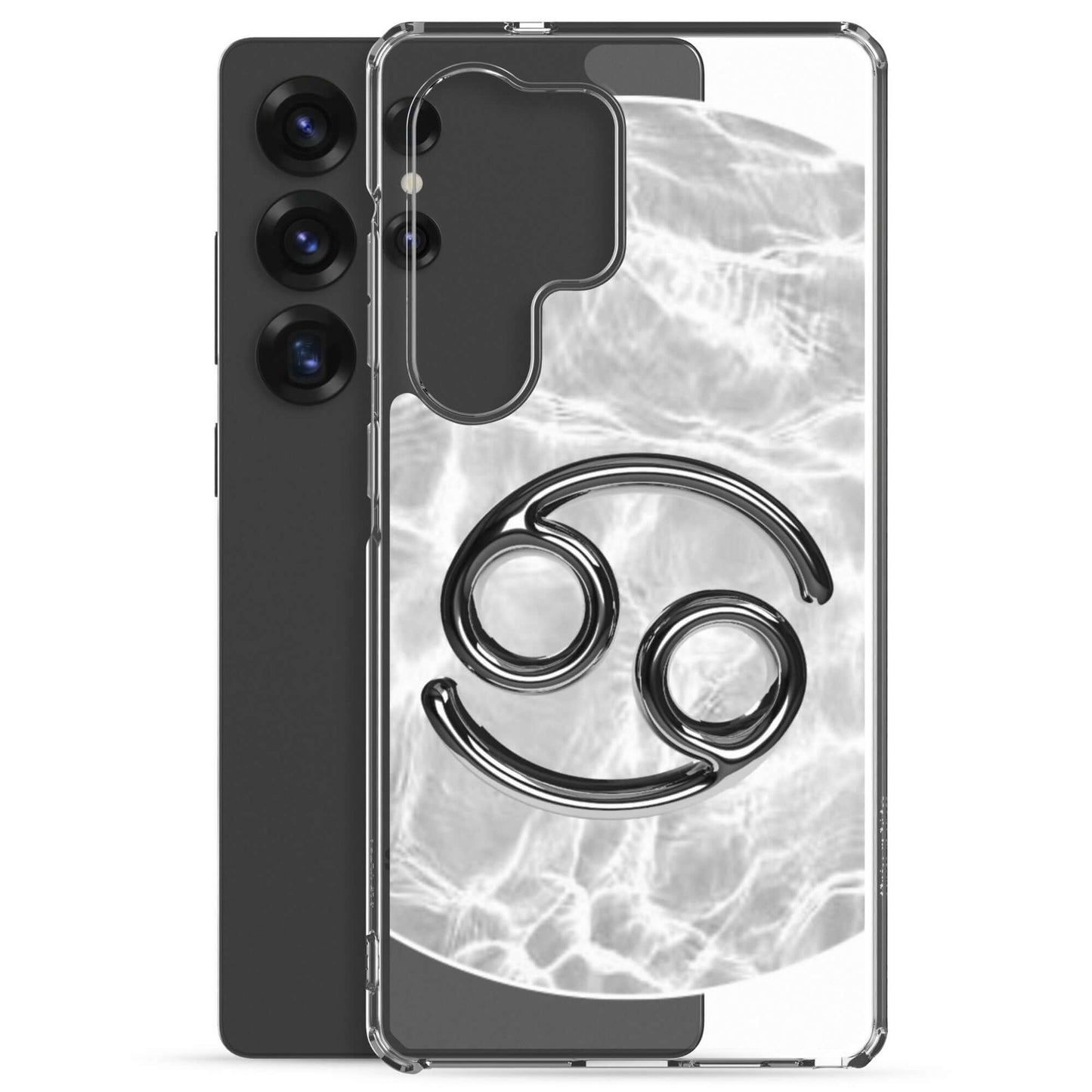Zodiac Cancer Samsung Phone Case with moonstone ripple marble design and black crab symbol