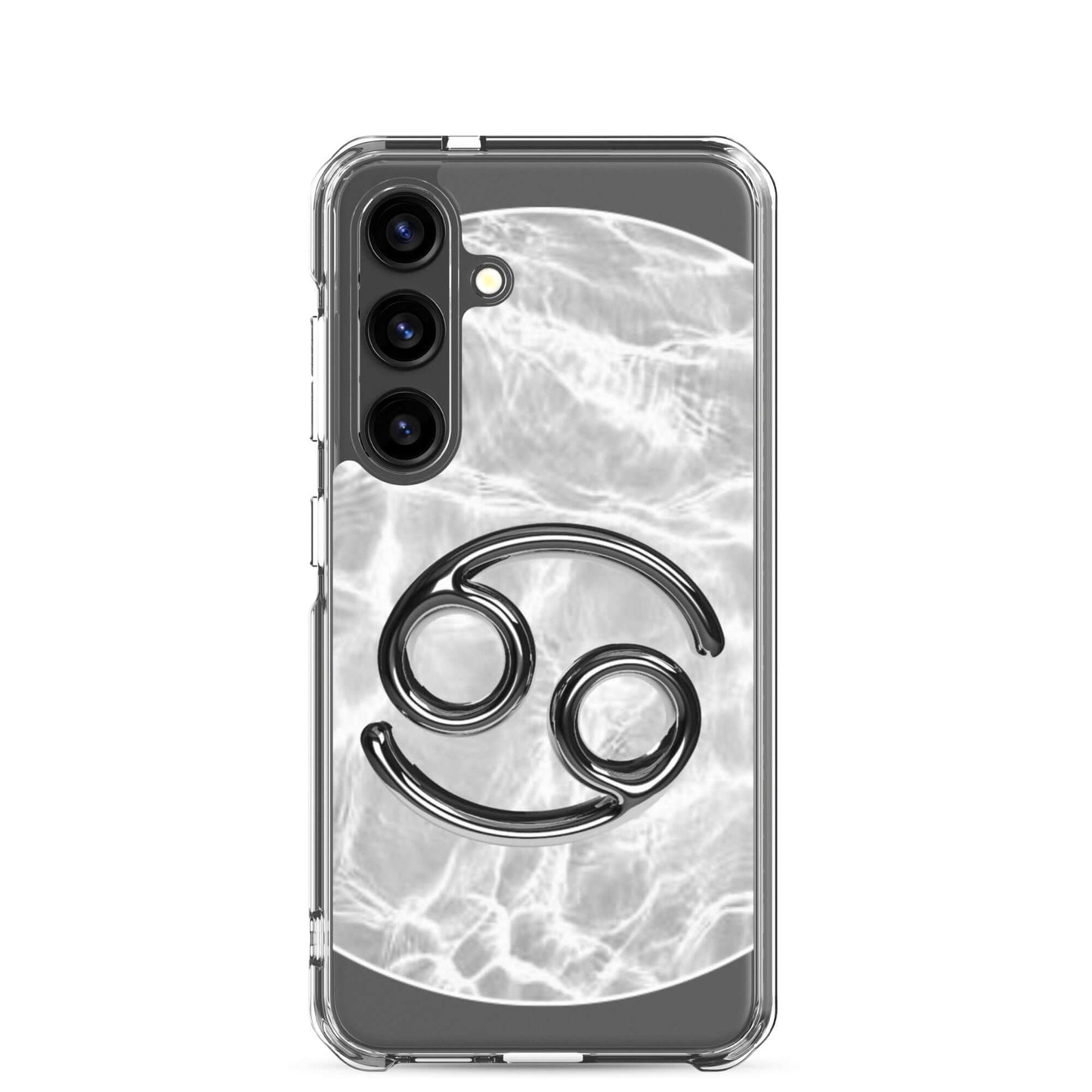 Zodiac Cancer Samsung Phone Case with moonstone ripple marble design, featuring the Cancer symbol in black.