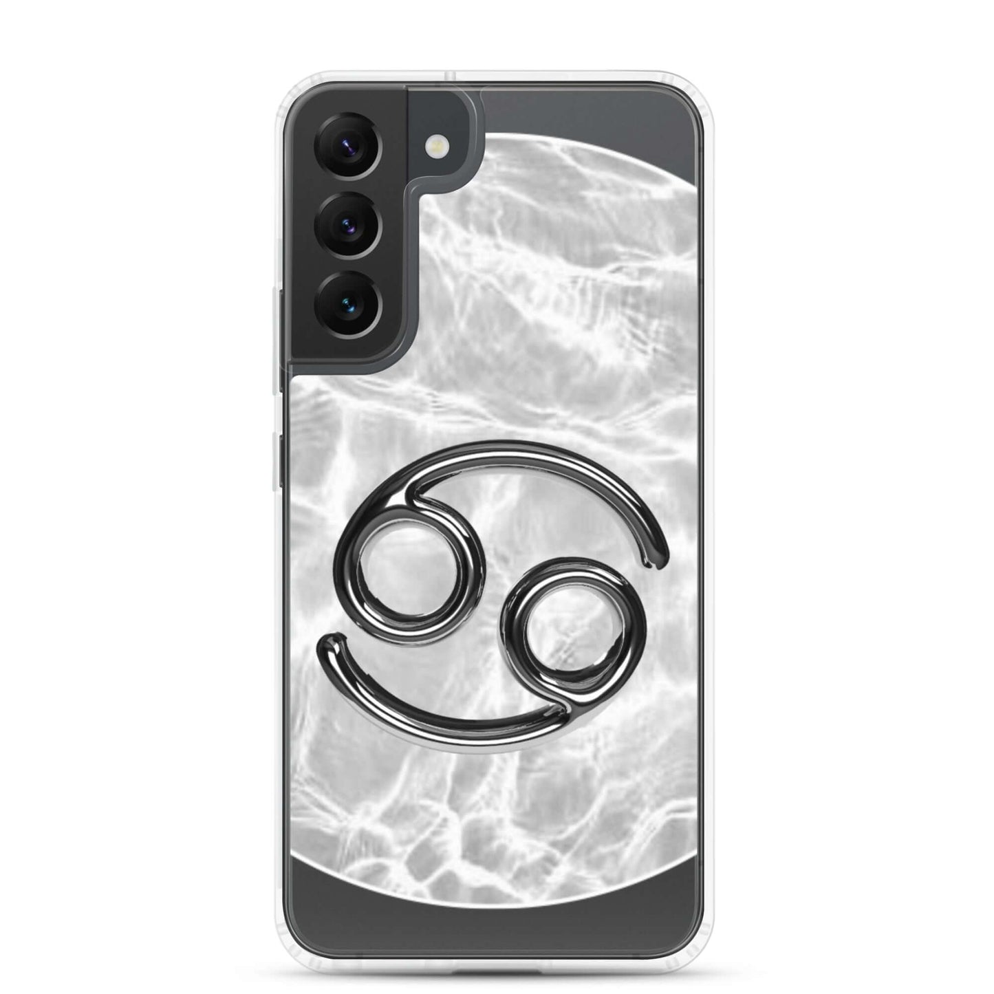 Zodiac Cancer Samsung Phone Case with moonstone ripple marble design, featuring a black Cancer symbol.