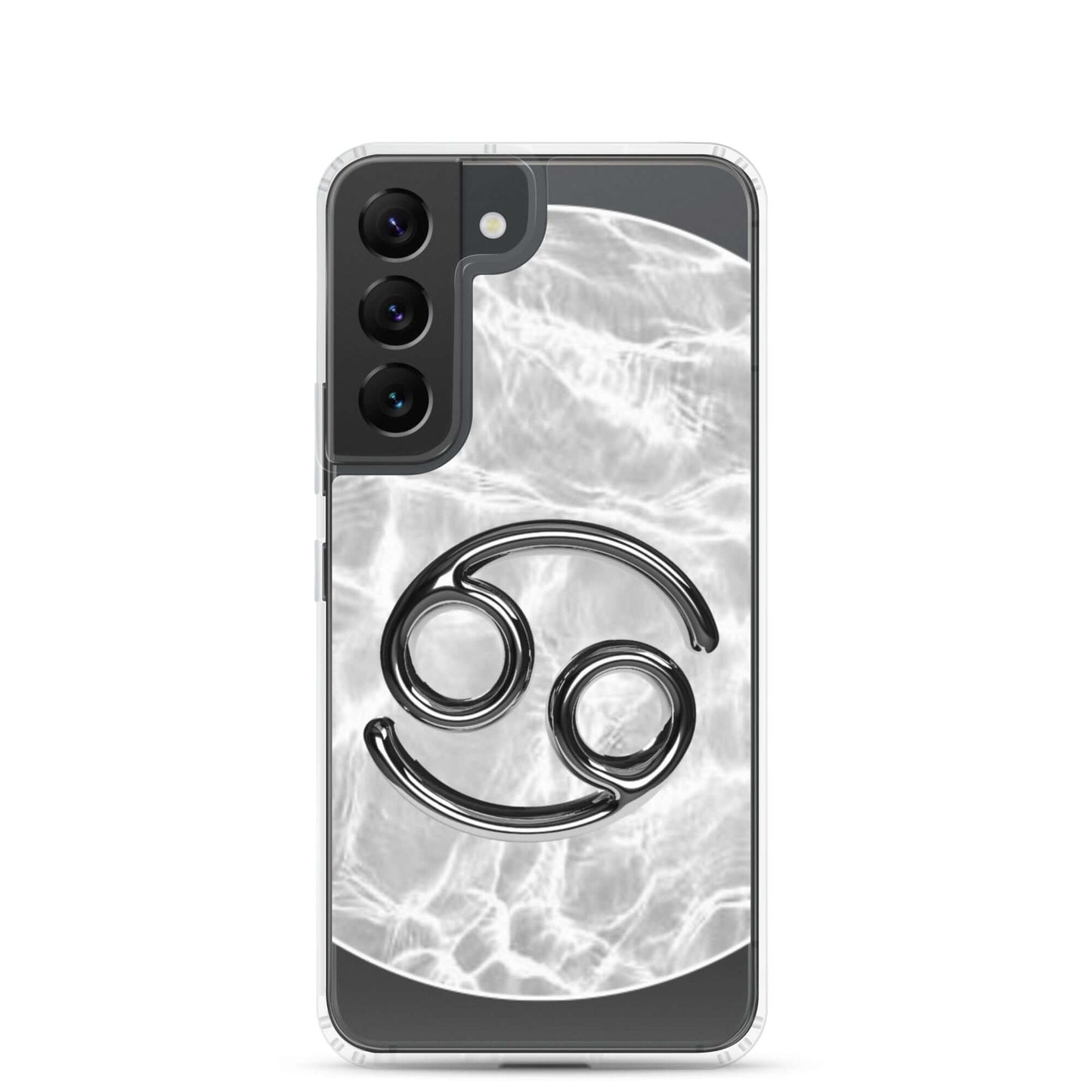 Zodiac Cancer Samsung Phone Case featuring a moonstone ripple marble design with a sleek black cancer symbol.