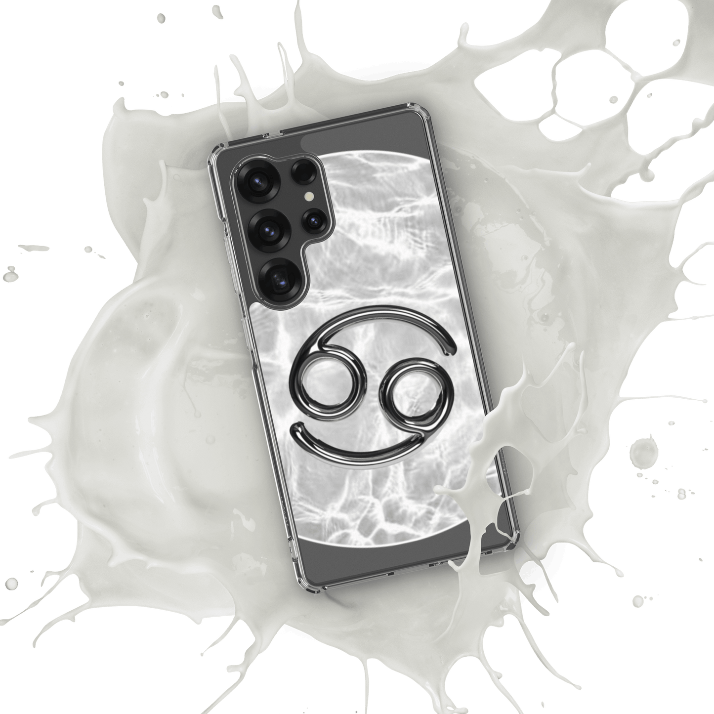 Zodiac Cancer Samsung phone case with moonstone ripple marble design, splashing in milk-like background.