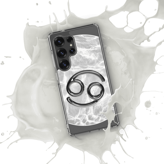 Zodiac Cancer Samsung phone case with moonstone ripple marble design, splashing in milk-like background.