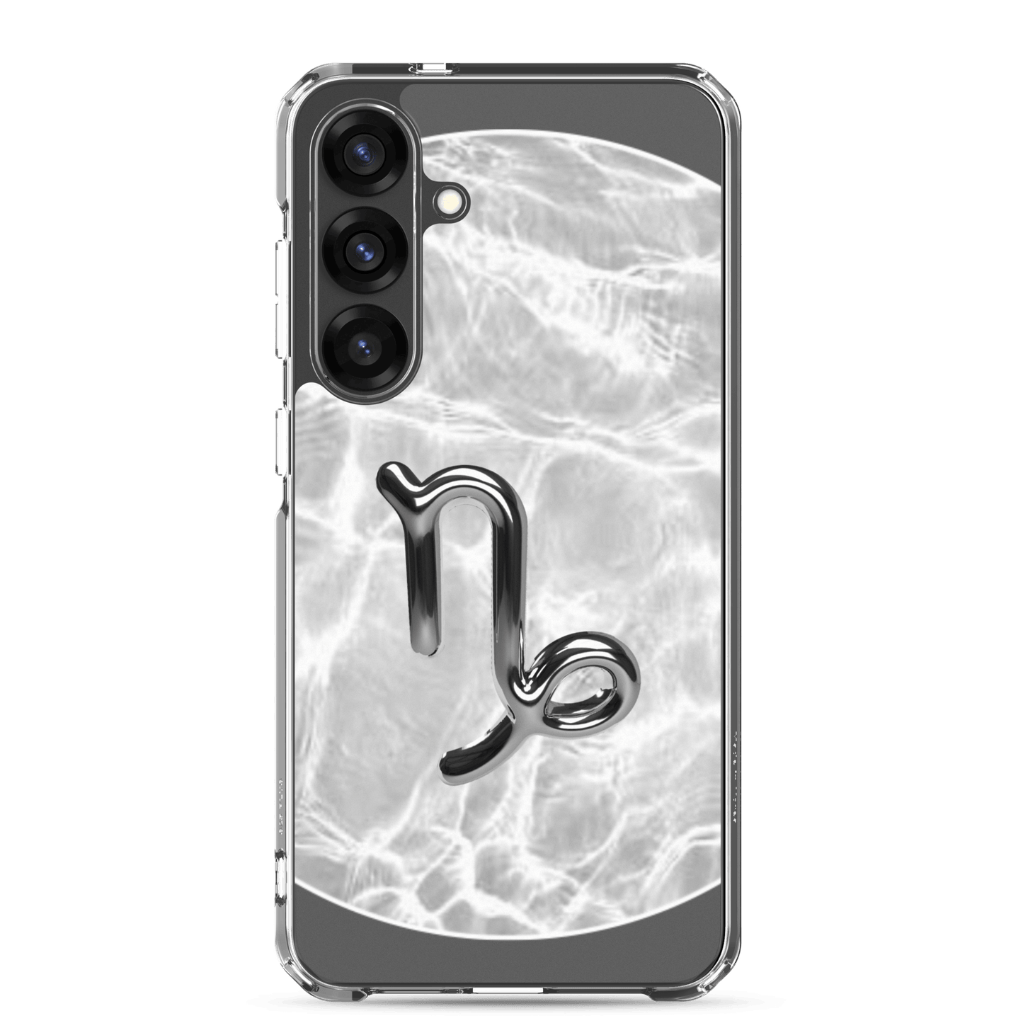 Zodiac Capricorn Samsung phone case with ripple marble design, showcasing a sleek Capricorn symbol and protective features.