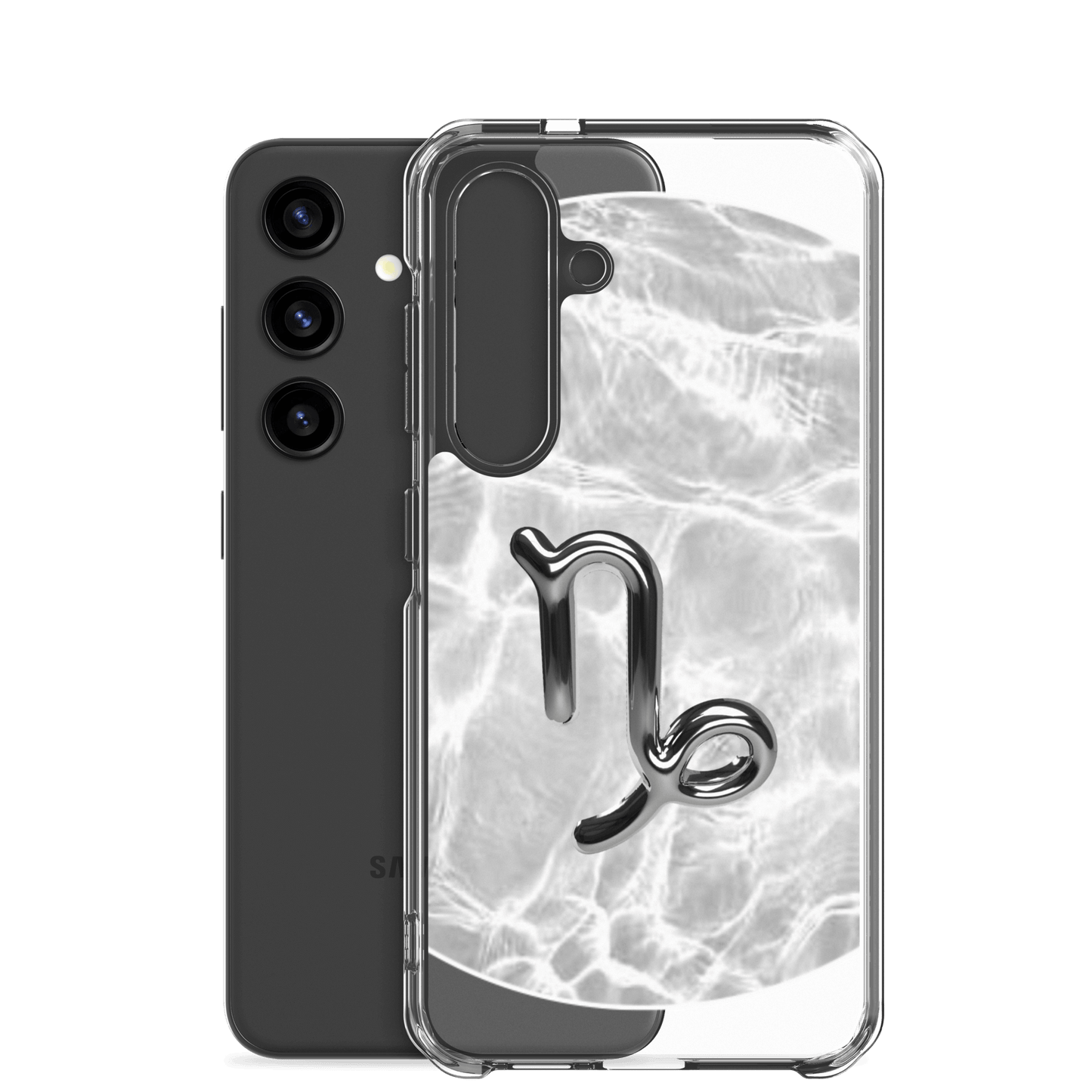 Zodiac Capricorn Samsung phone case with ripple marble design showcasing a sleek polycarbonate back and transparent sides.