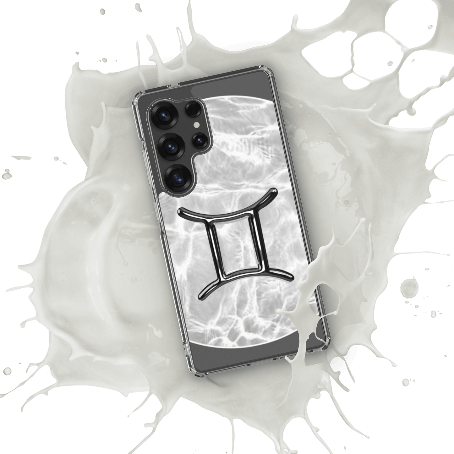 Zodiac Gemini Samsung Phone Case with ripple marble design splashing in milk, showcasing duality and protection.