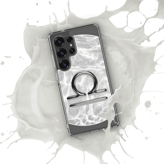 Zodiac Libra Samsung phone case with Ripple Marble design, showcased against a splash of white liquid.