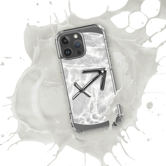 Zodiac Sagittarius clear iPhone case with metallic design splashing in milk, showcasing cosmic style and protection.