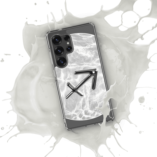 Zodiac Sagittarius Samsung Phone Case with Ripple Marble design, splashing in white liquid for a cosmic vibe.