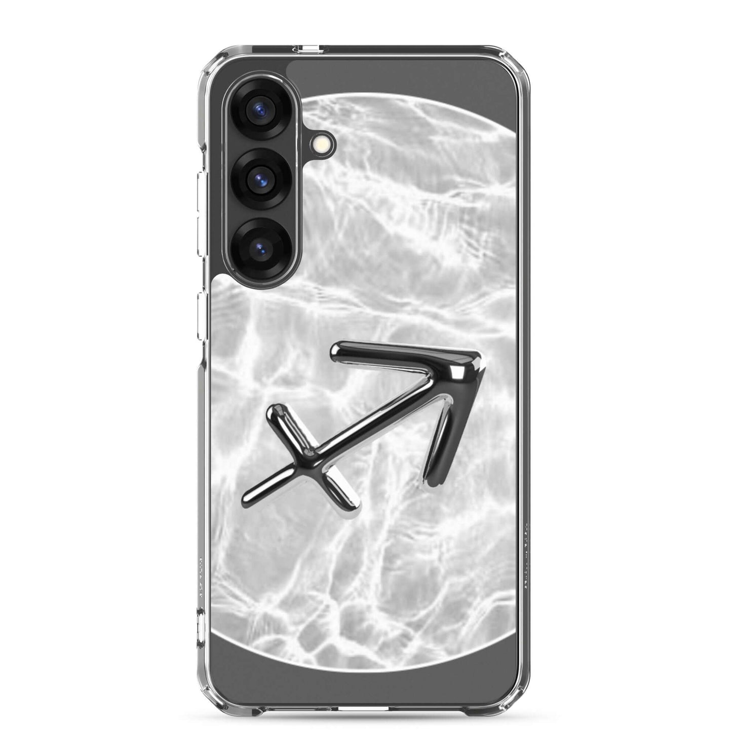 Zodiac Sagittarius Samsung Phone Case with Ripple Marble design and silver archer symbol.