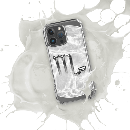 Zodiac Scorpio MagSafe clear iPhone case with metallic design in splash of milk, showcasing cosmic style and sleek protection.