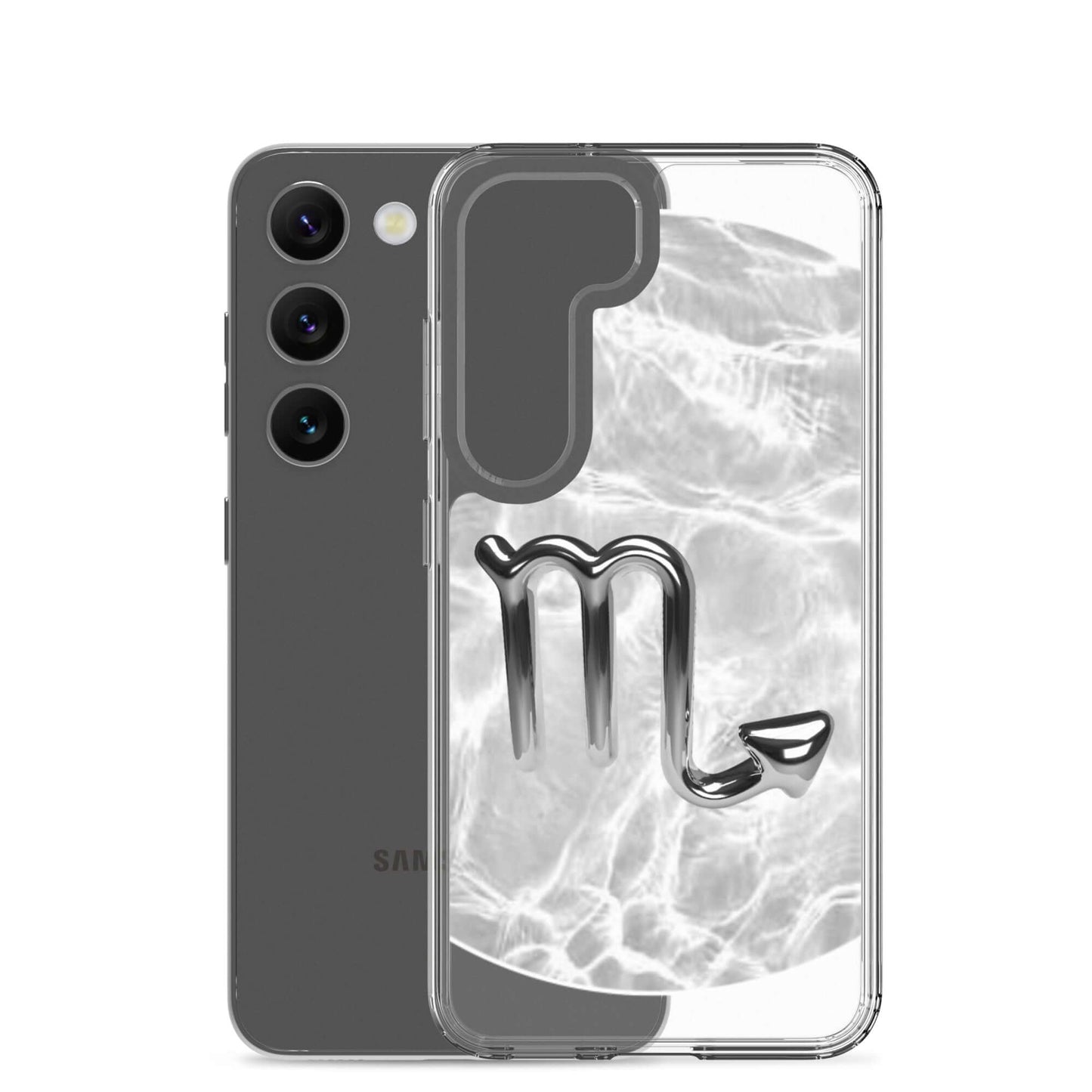 Zodiac Scorpio Samsung phone case with ripple marble design, showcasing a sleek scorpion symbol and protective features.
