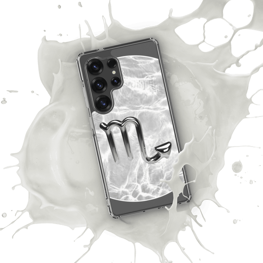 Zodiac Scorpio Samsung Phone Case with Ripple Marble design, splashing in white liquid for stylish protection.