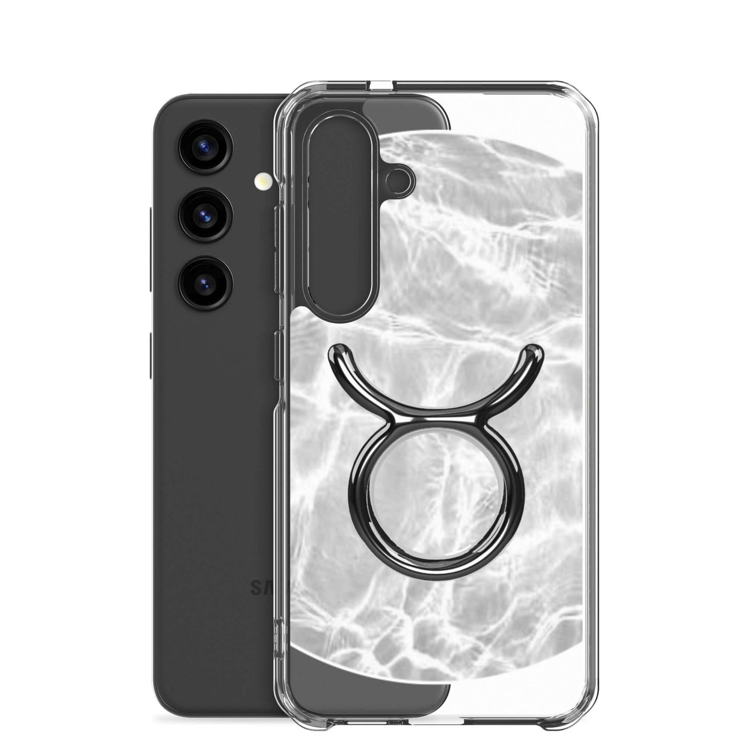 Zodiac Taurus Samsung phone case with ripple finish and Taurus symbol, showcasing beauty and protection.