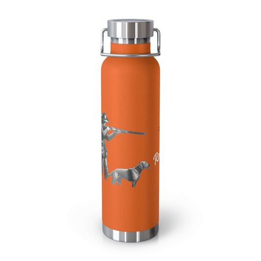 Rugged Hydration with Heart: The Hunter & Dog Covey Chasing Bottle in orange featuring a hunter and dog design.