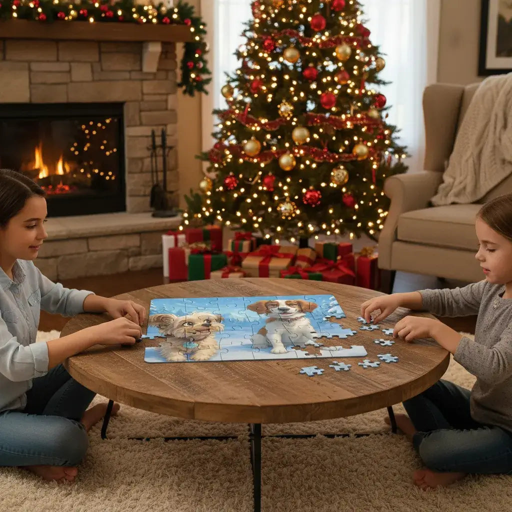 Make Spirits Bright with the Winter Cartoon Puzzle - Kids assembling a festive puzzle by the Christmas tree.