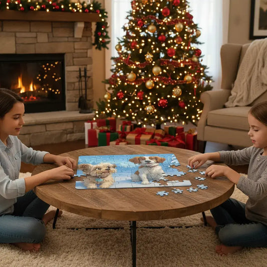 Make Spirits Bright with the Winter Cartoon Puzzle - Kids assembling a festive puzzle by the Christmas tree.