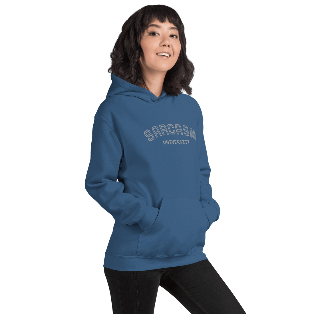 Unisex blue hoodie featuring “SARCASM UNIVERSITY” slogan in varsity-style font; cozy fit with kangaroo pocket and relaxed vibe
