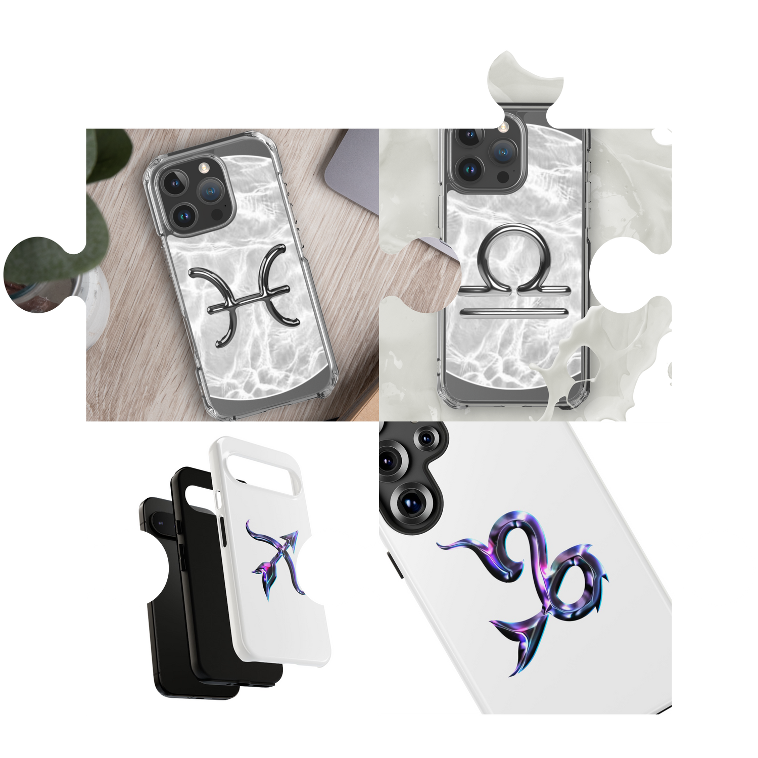 Zodiac phone cases featuring symbols of Pisces and Libra, showcasing astrology-inspired designs for each sign.