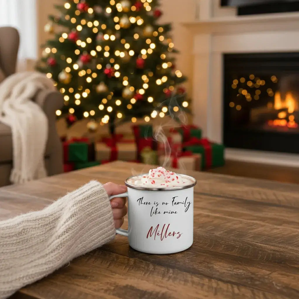 Custom Family Mug – Personalized Crossword Enamel Cup for Gifting with a warm drink by a Christmas tree.