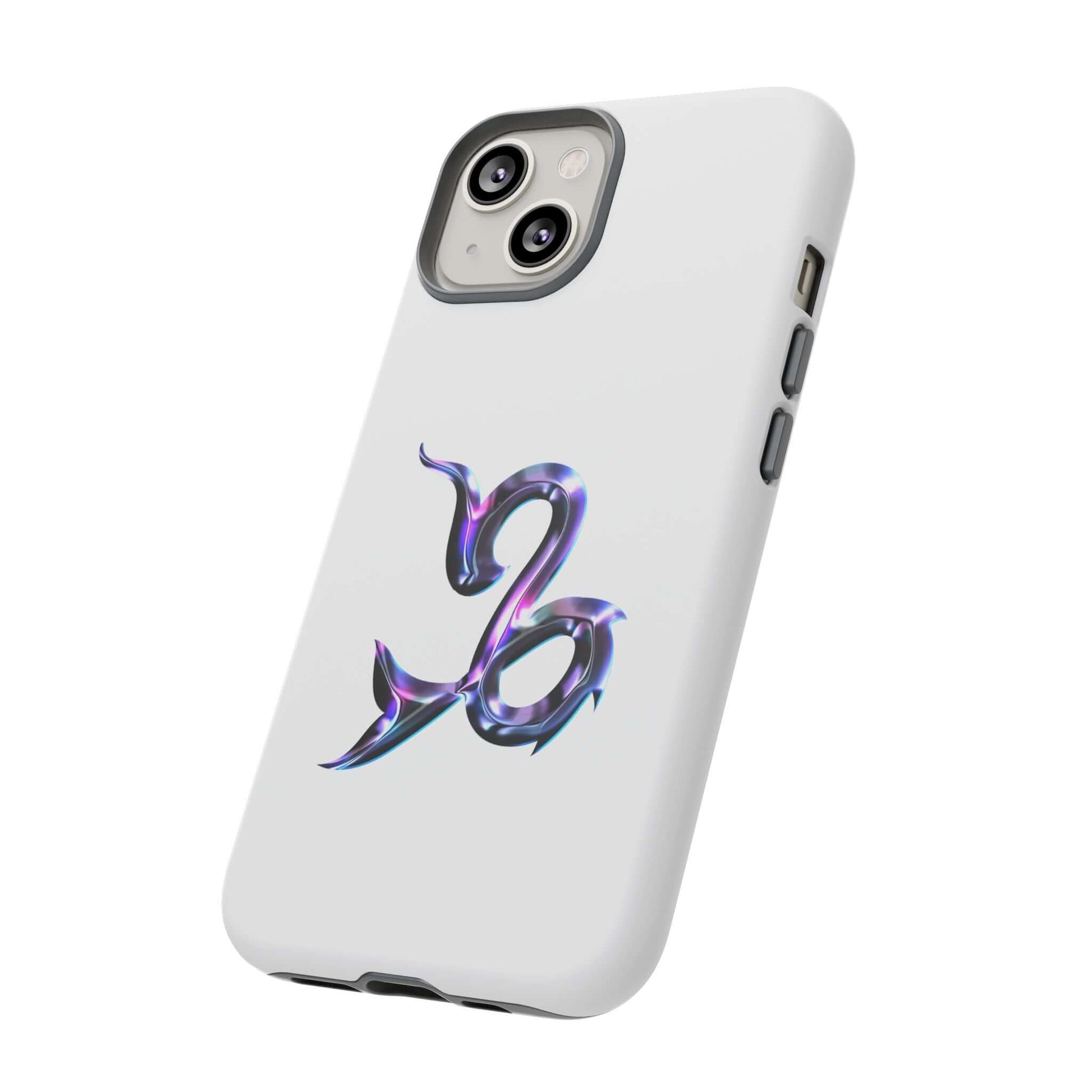 Personalized zodiac phone case featuring a colorful Capricorn design on a sleek white background.